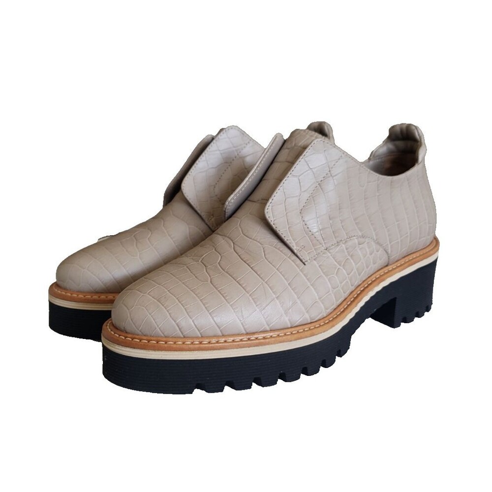 M. GEMI Beige Leather Croc Embossed Slip On Loafer Flats Women's Sz 6.5 EU 36.5
